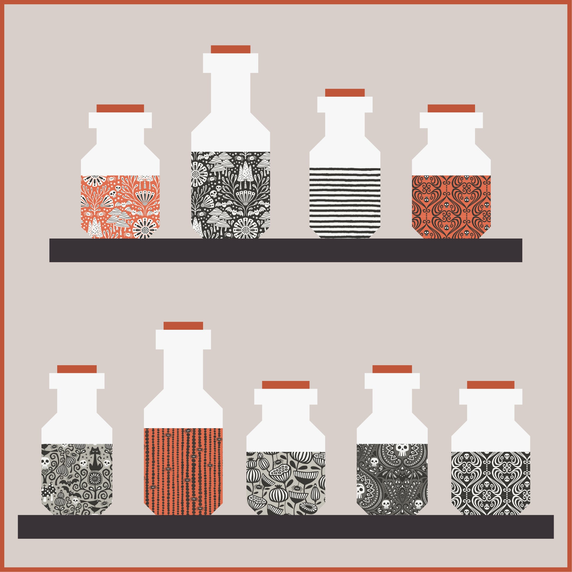 Decorative bottles with patterned designs on a beige background