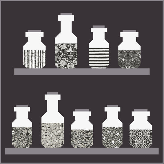 Set of patterned bottles on shelves against a black background