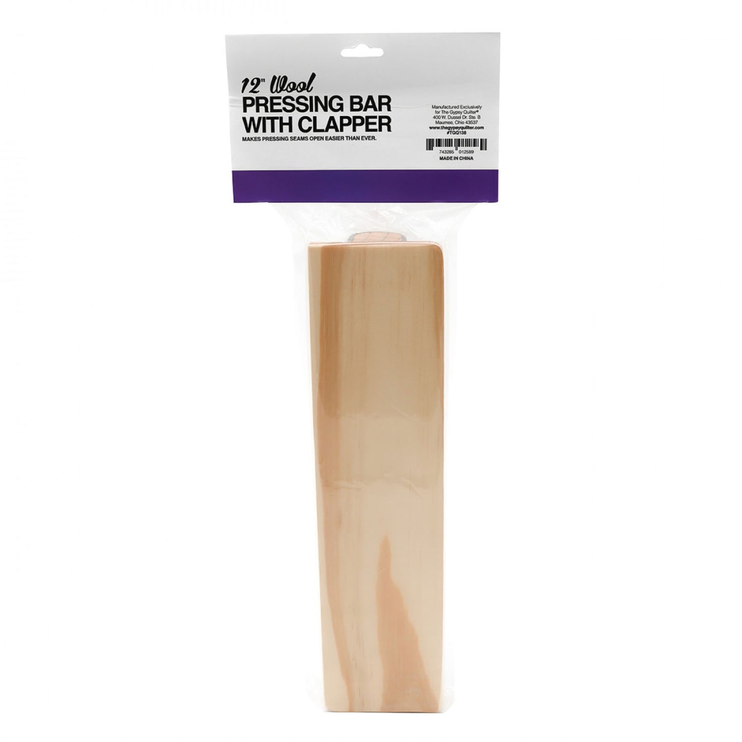 Gypsy Quilter 12 inch Wool Pressing Bar with Clapper in package back view