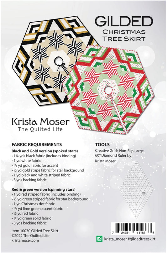 Back cover of a quilting pattern booklet for the Gilded Christmas Tree Skirt by Krista Moser, showing a large rendered view of two finished quilted skirt designs and a list of fabric and tool requirements on a white background.