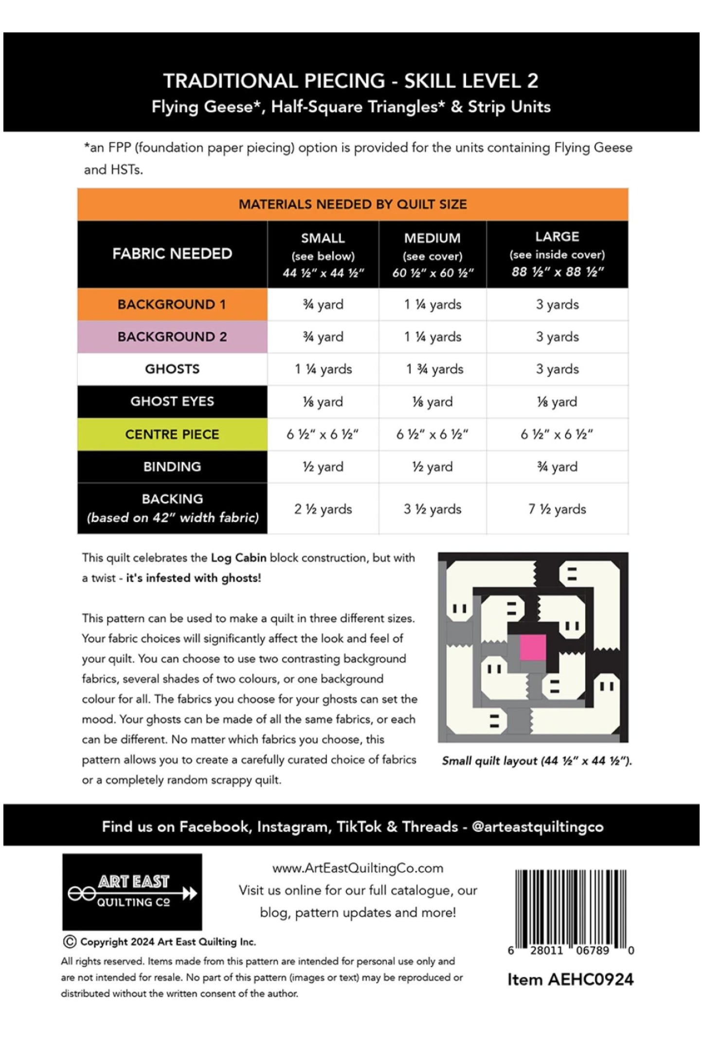 Quilting pattern guide with fabric requirements and layout diagram on a black background