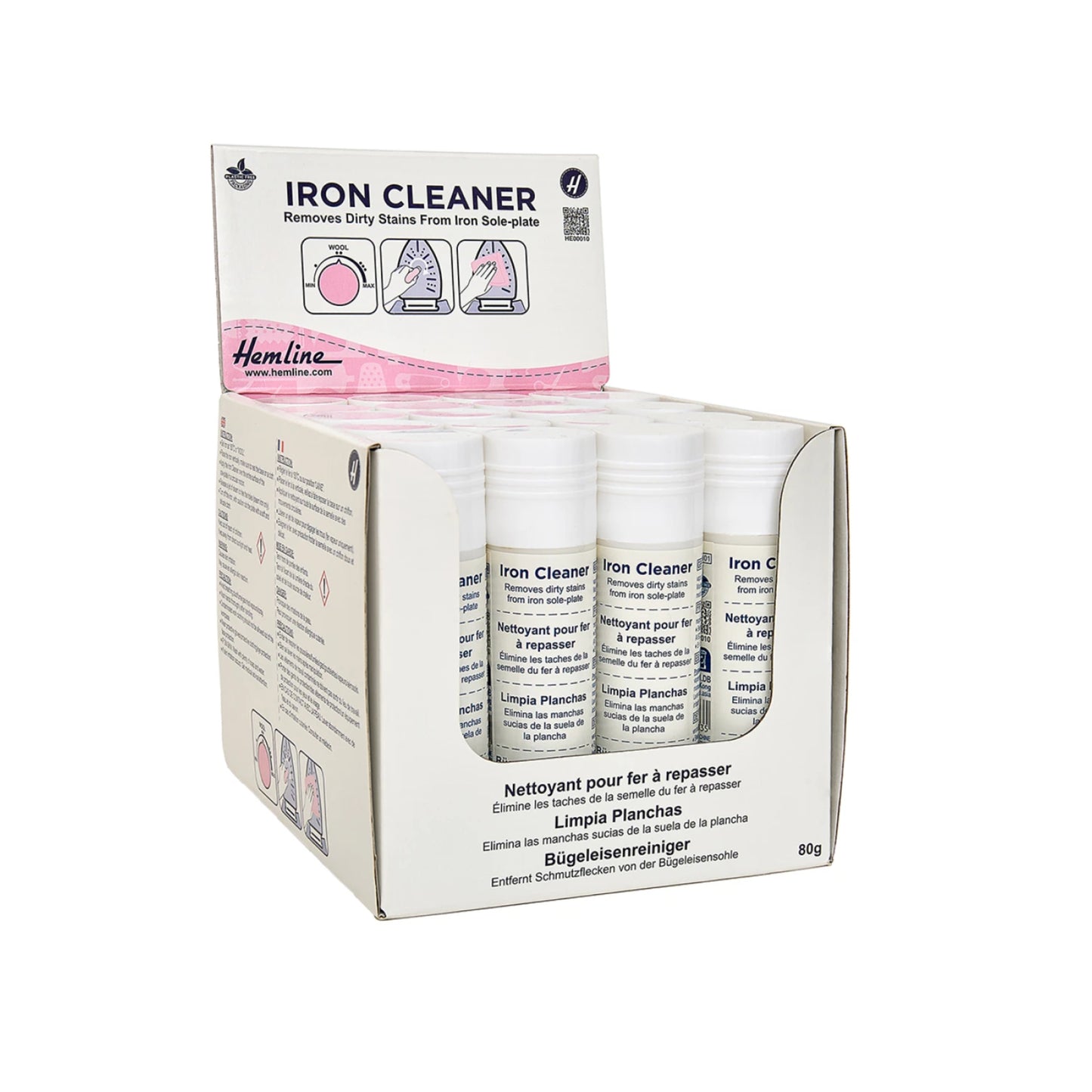 Box of Hemline iron cleaner with multiple bottles inside on a white background