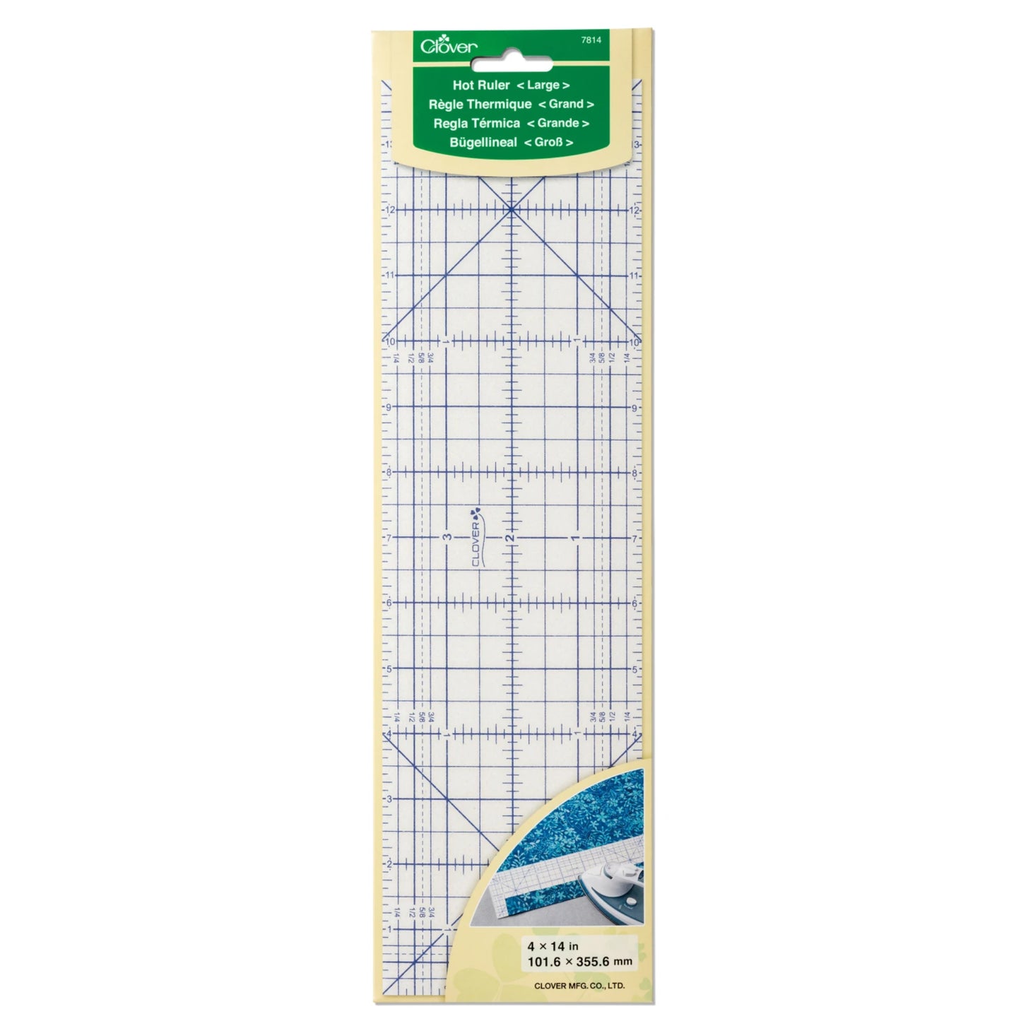 A Clover large heat resistant quilting ruler blue grid lines, and a green and white header card, shown against a plain white background.