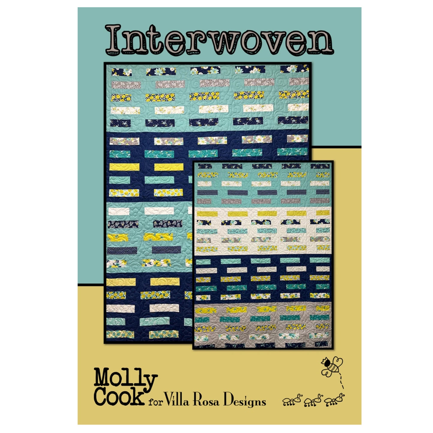 Quilt pattern book titled 'Interwoven' by Molly Cook for Villa Rosa Designs on a blue and yellow background.