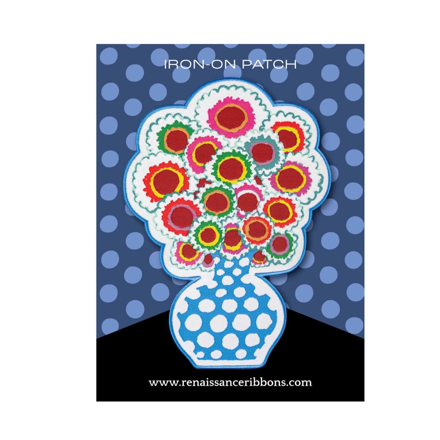 Colorful flower bouquet patch on a blue polka dot background with 'Renaissance Ribbons' branding.