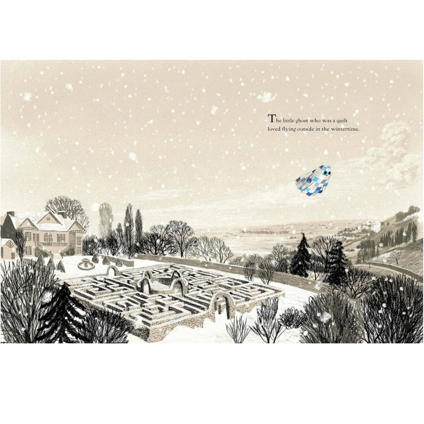 Illustration of a snowy landscape with a maze and a bird flying over, featuring text.
