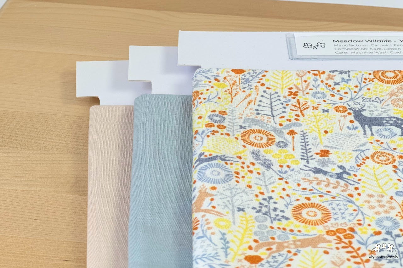 Meadow Wildlife half yard precut paired with Kona Cotton Solids Fog and Lingerie