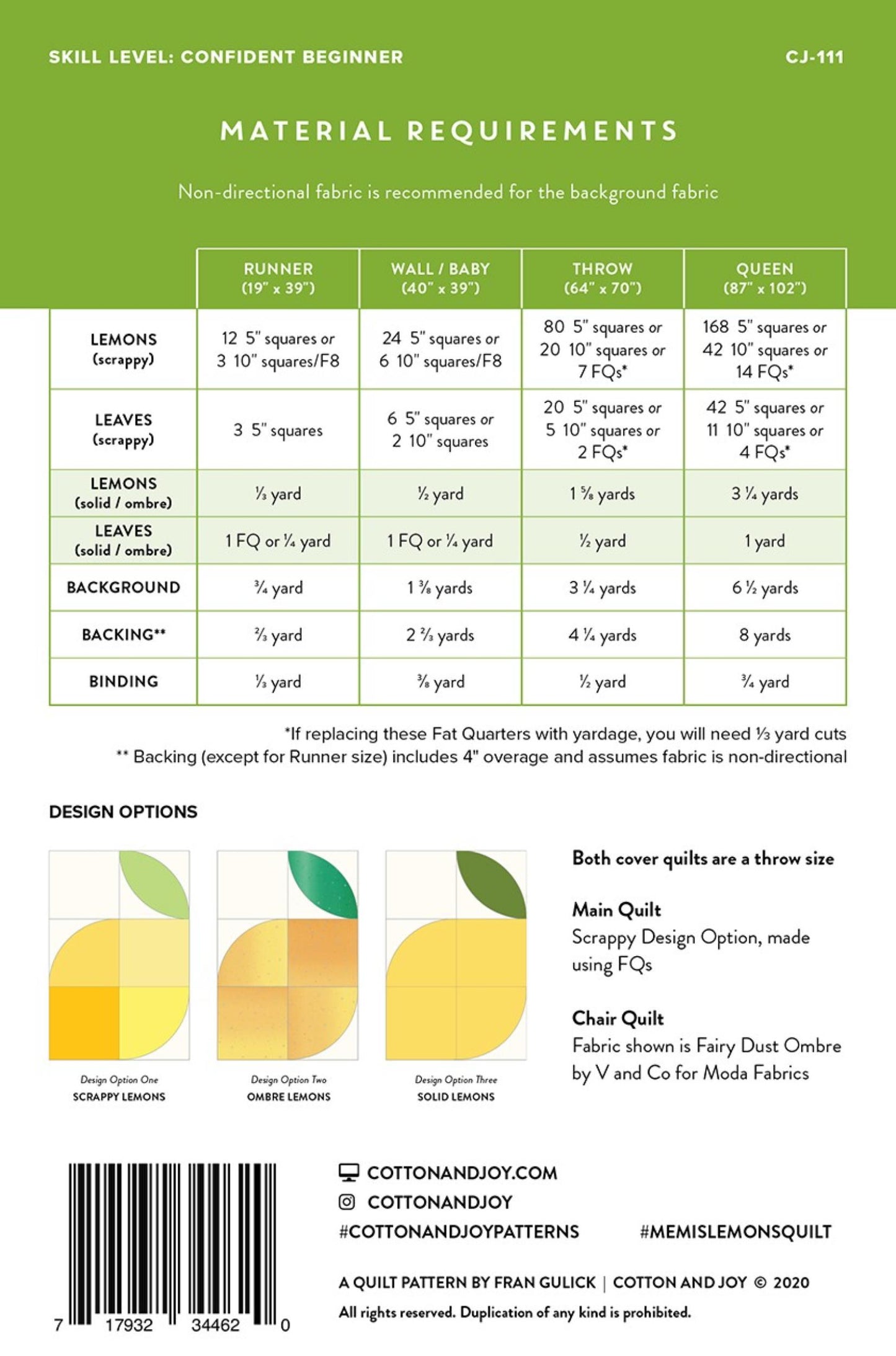 Memis Lemons Quilt Pattern Back Cover