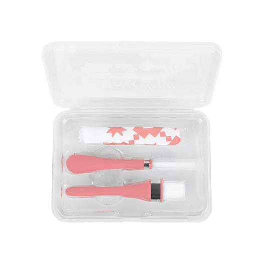 Set of pink and white tools in a clear plastic case on a white background