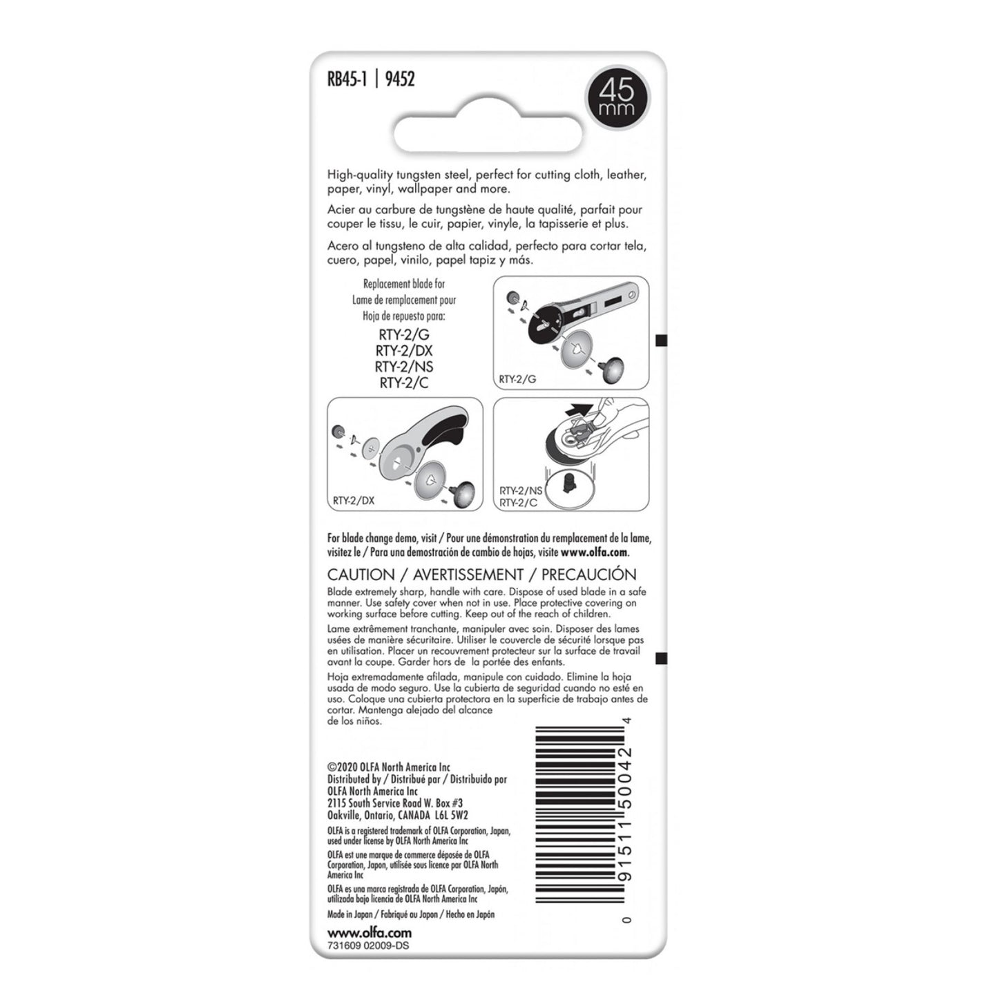 Back of Olfa Rotary Blade Replacement package