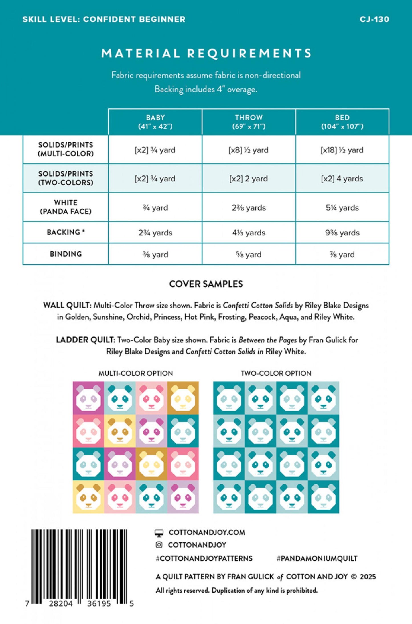 Back of Pandamonium Quilt Pattern