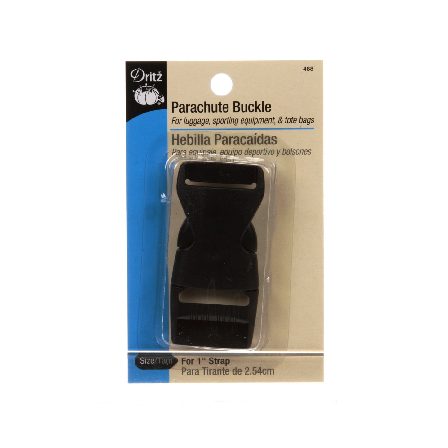 Black parachute buckle in packaging with Dritz branding on a white background