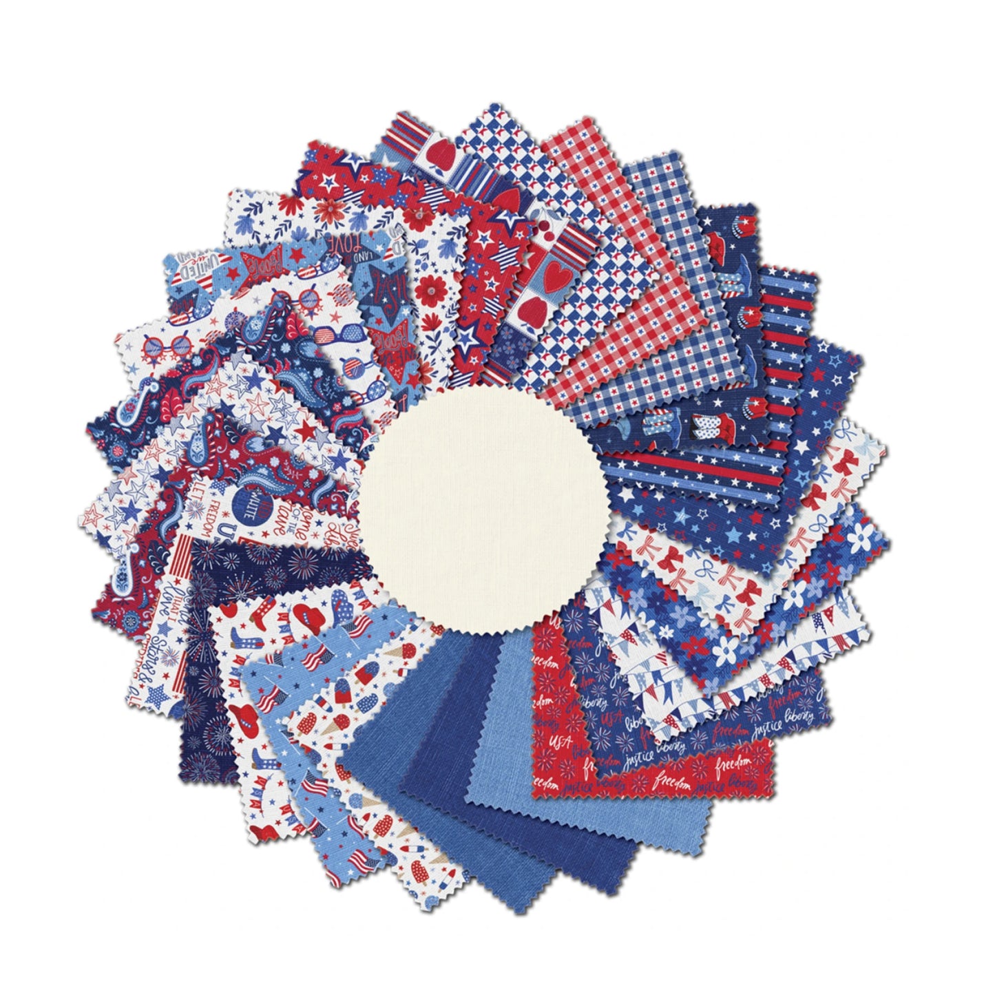 A circular arrangement of multiple fabric swatches in red, white, and blue patterns, with a large blank cream-colored circle in the center, shown on a plain white background.