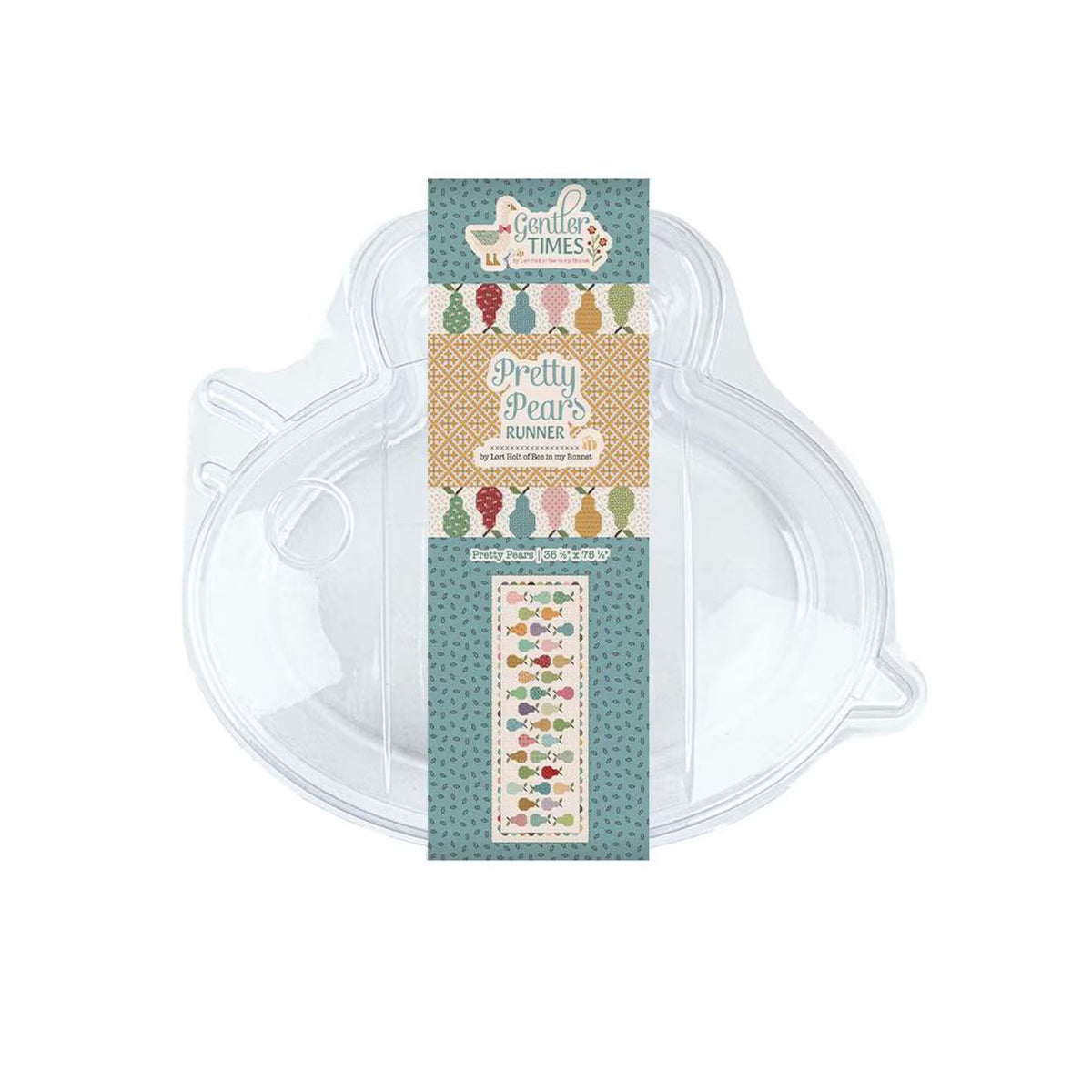 A clear plastic bee shaped quilt kit container with a decorative paper label. The label features the product name 'Pretty Pear's Runner' with colorful illustrations of pears and a patterned teal and beige design.
