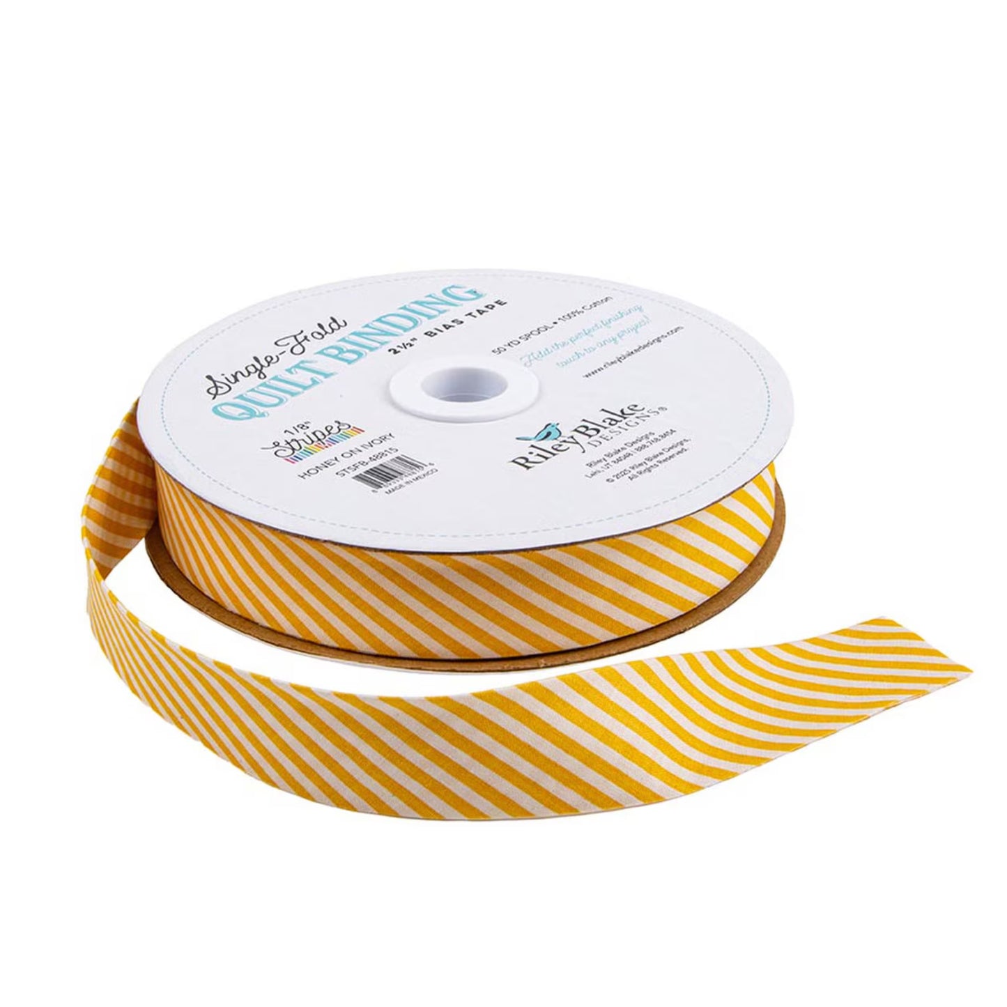 A spool of single-edge gold binding ribbon with a white label, featuring diagonal yellow and white stripes on the ribbon, shown on a white background.