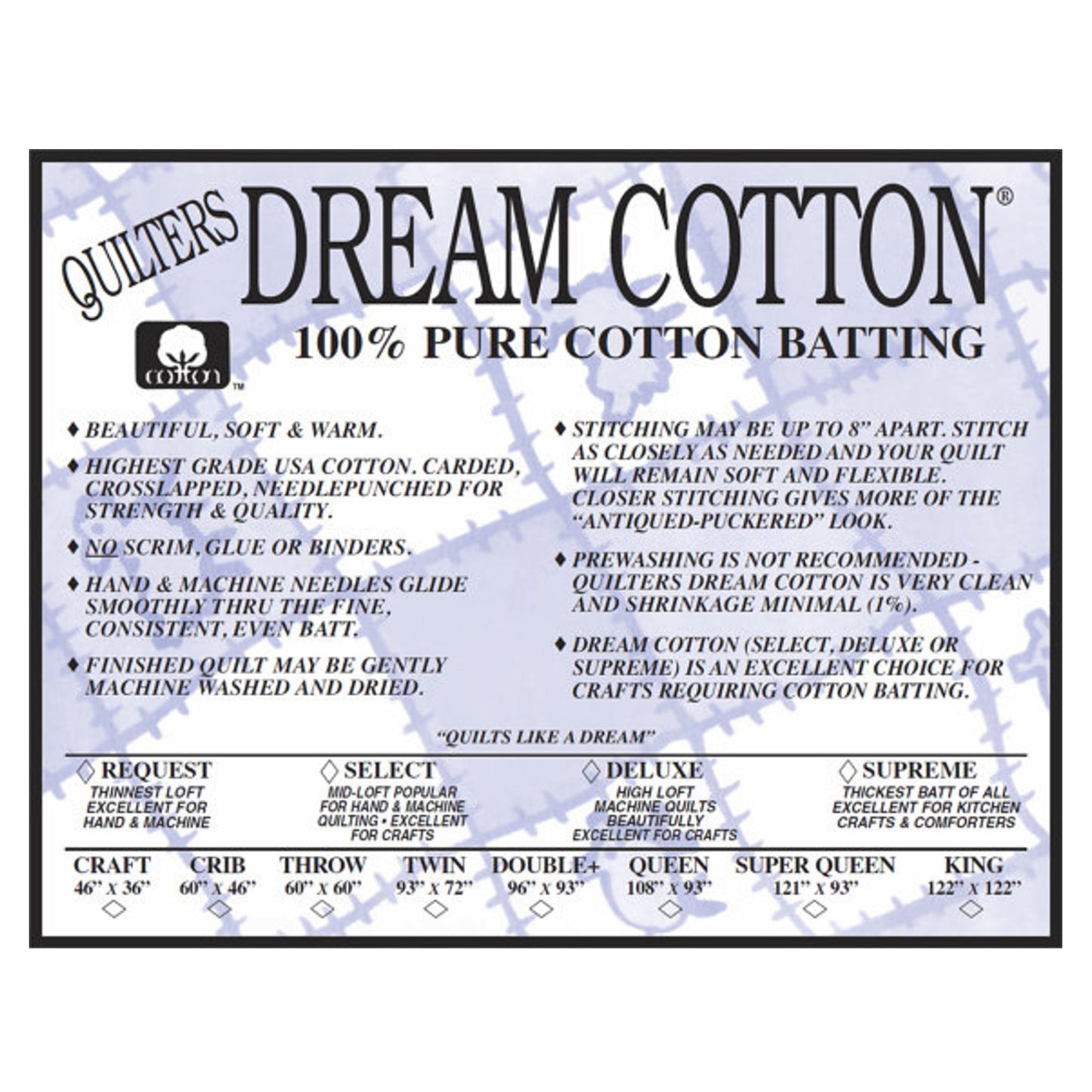 Quilters Dream Deluxe Cotton Batting Label