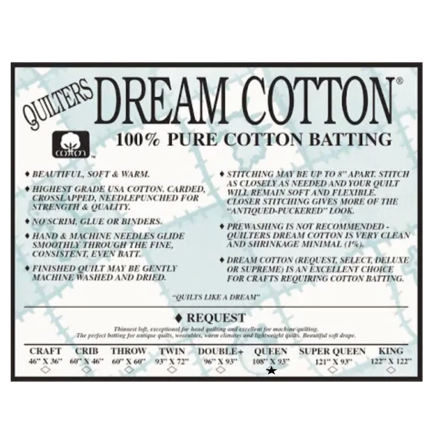 Quilters Dream Request Natural Cotton Batting Queen