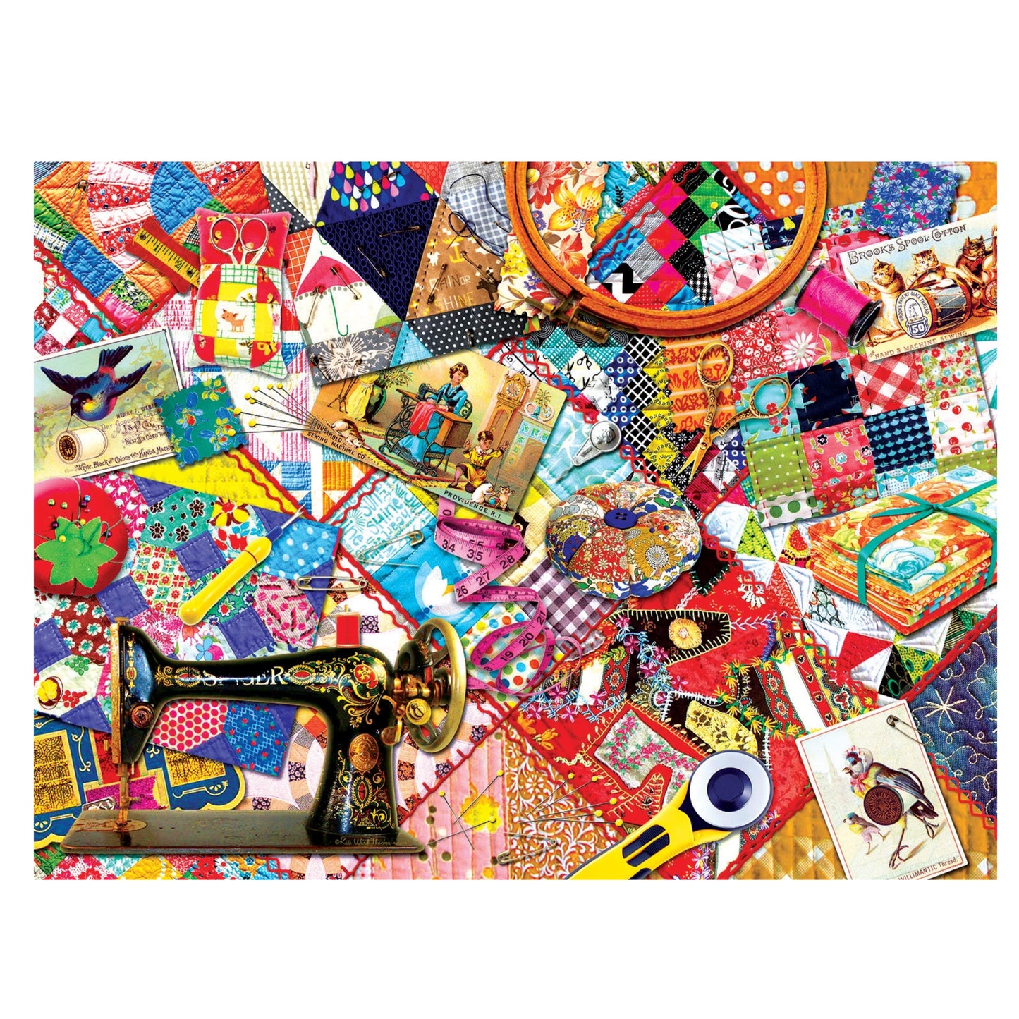 Colorful collage of sewing-themed images including a sewing machine, fabric, and patterns.
