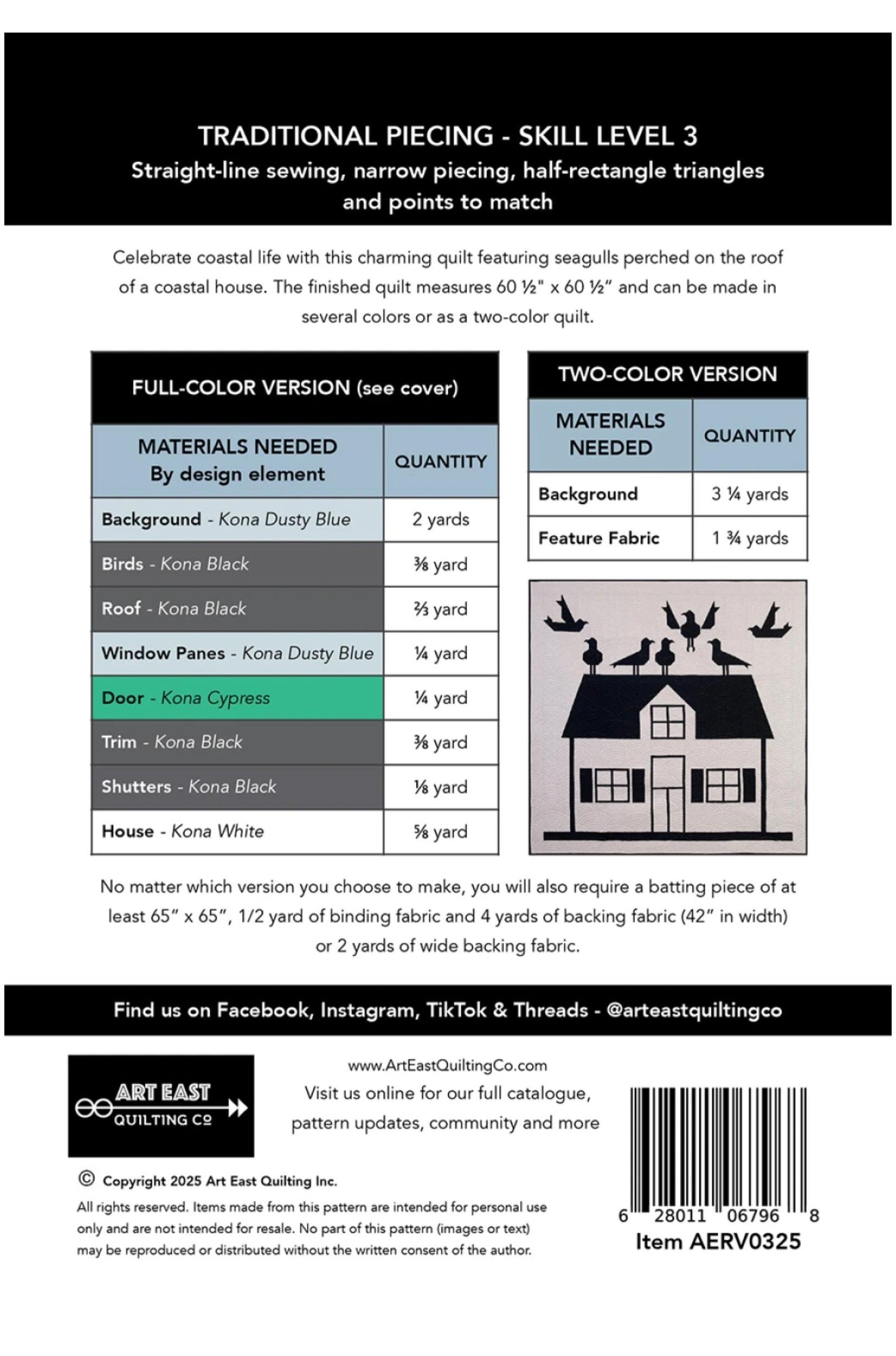 Quilt pattern guide with material requirements and design elements for a coastal-themed quilt.