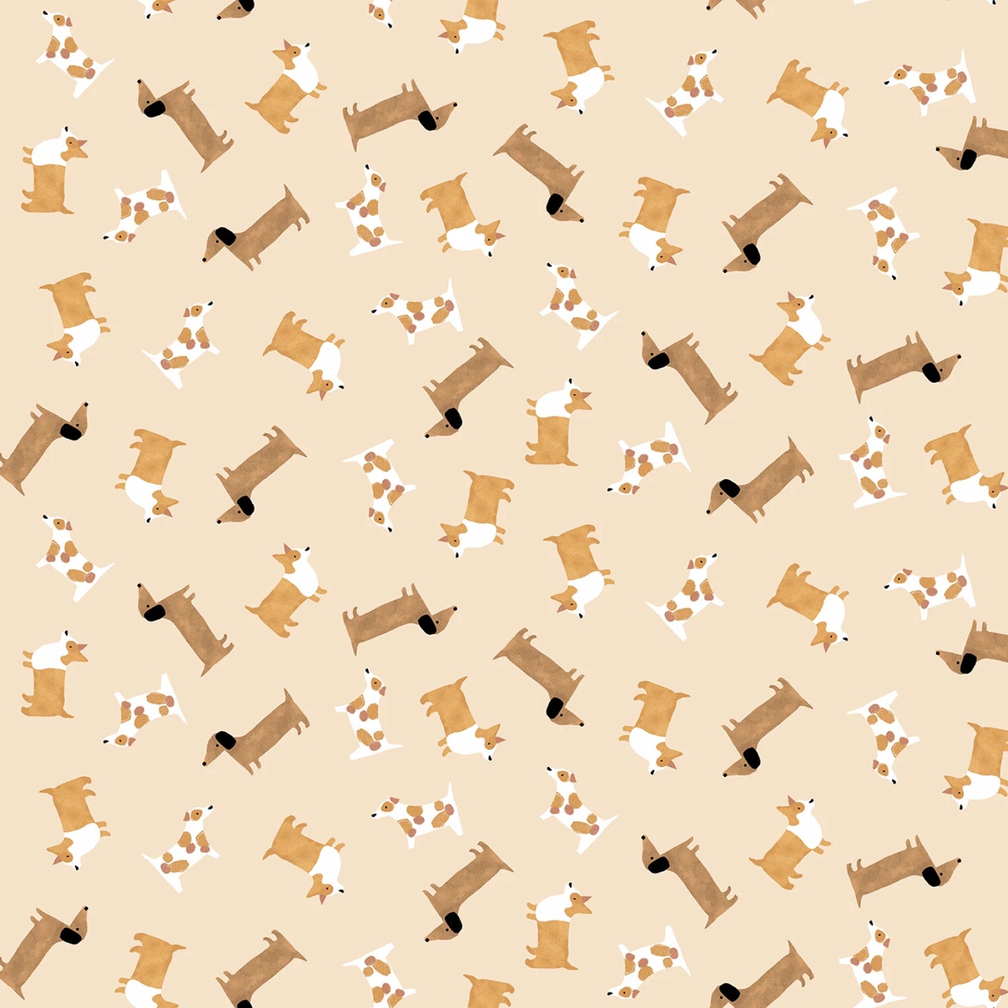 Pattern of cartoon dogs and paw prints on a beige background
