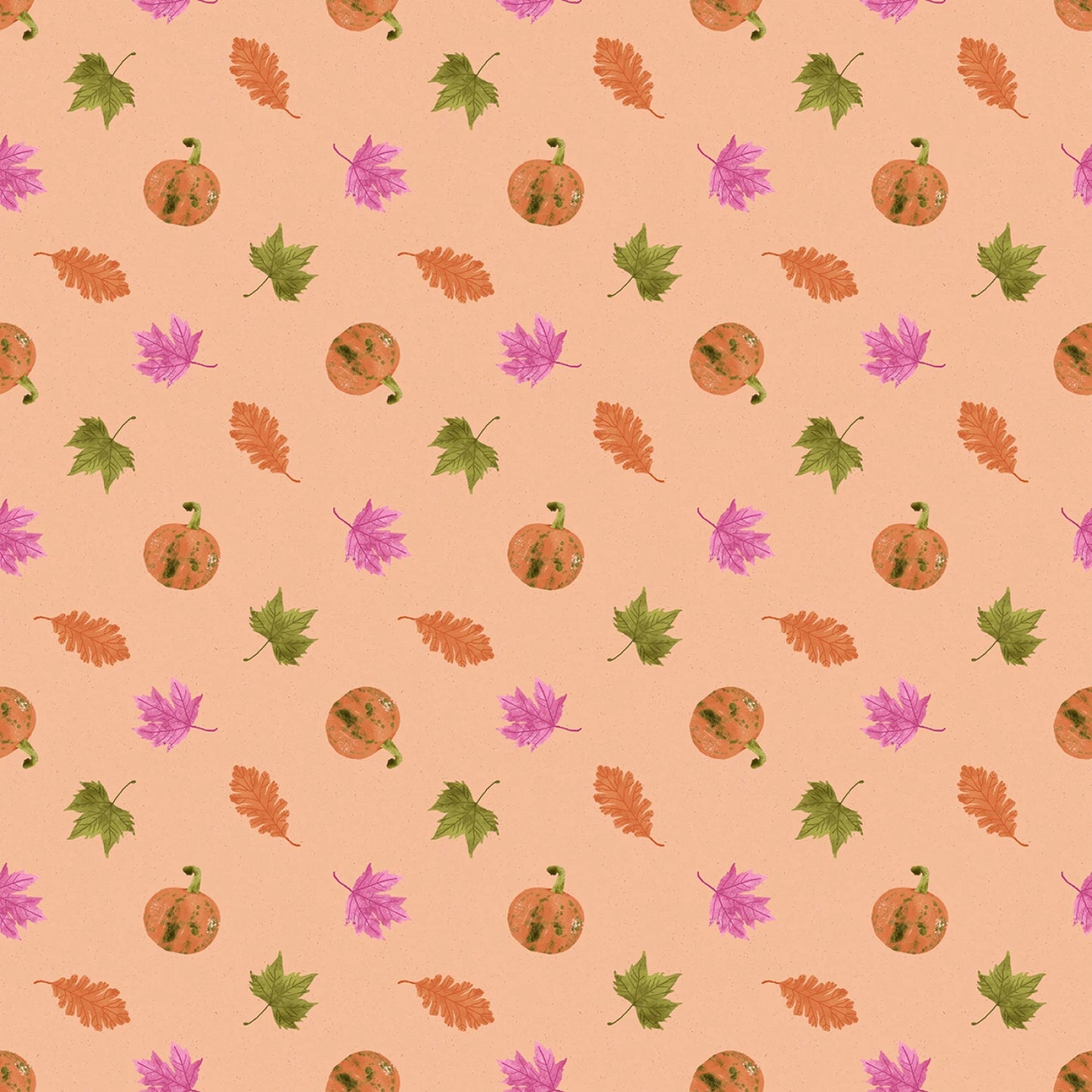 Pattern of pumpkins, leaves, and flowers on a beige background