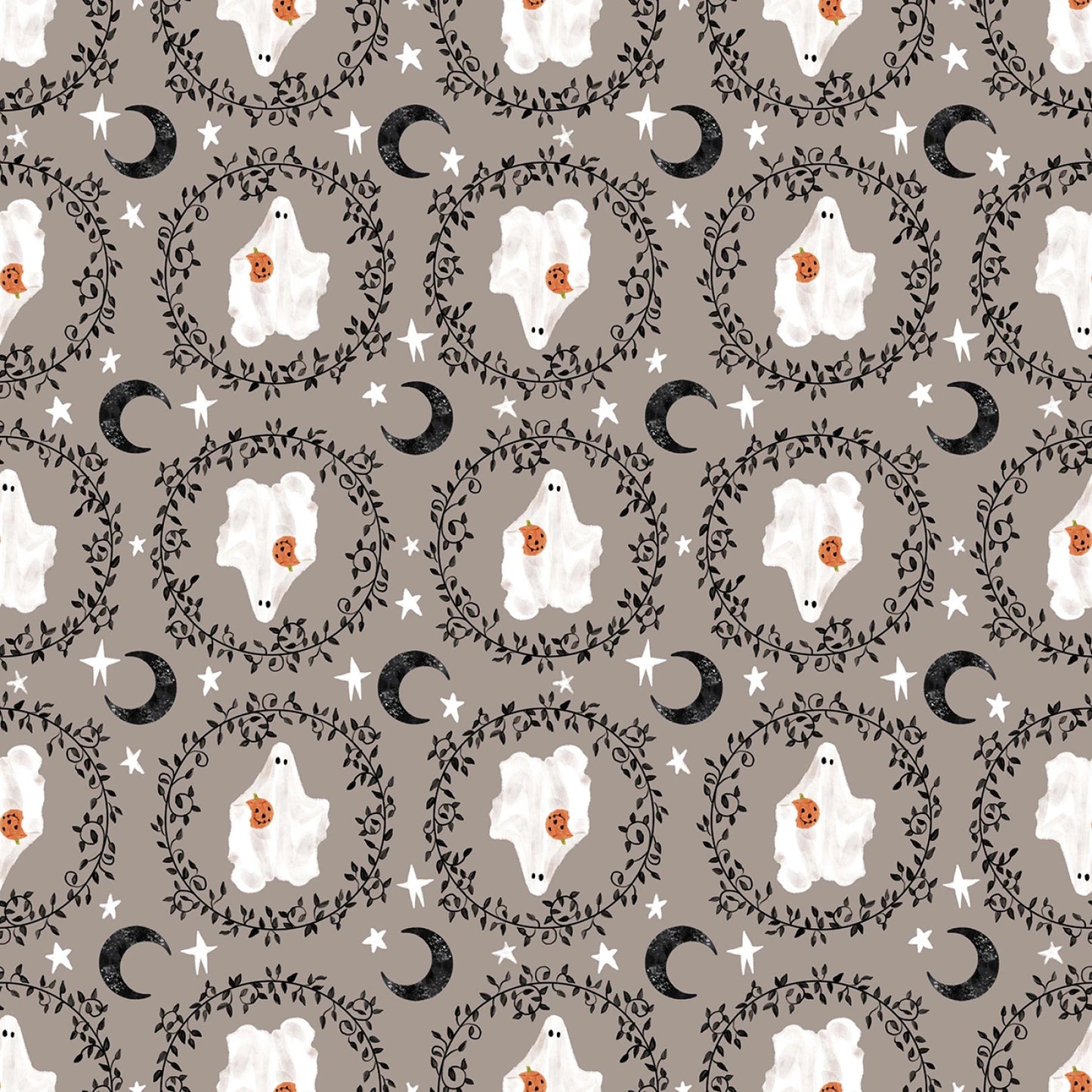 Ghosts with moon and star accents on grey background