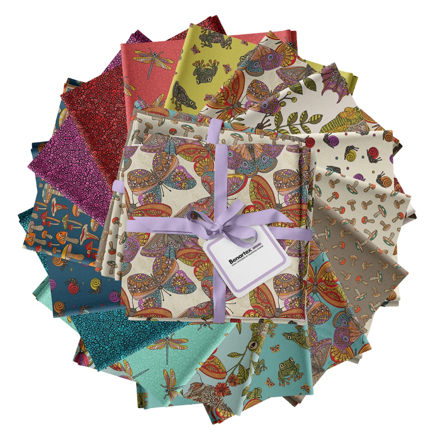 Collection of colorful fabric squares with a ribbon and tag on a white background