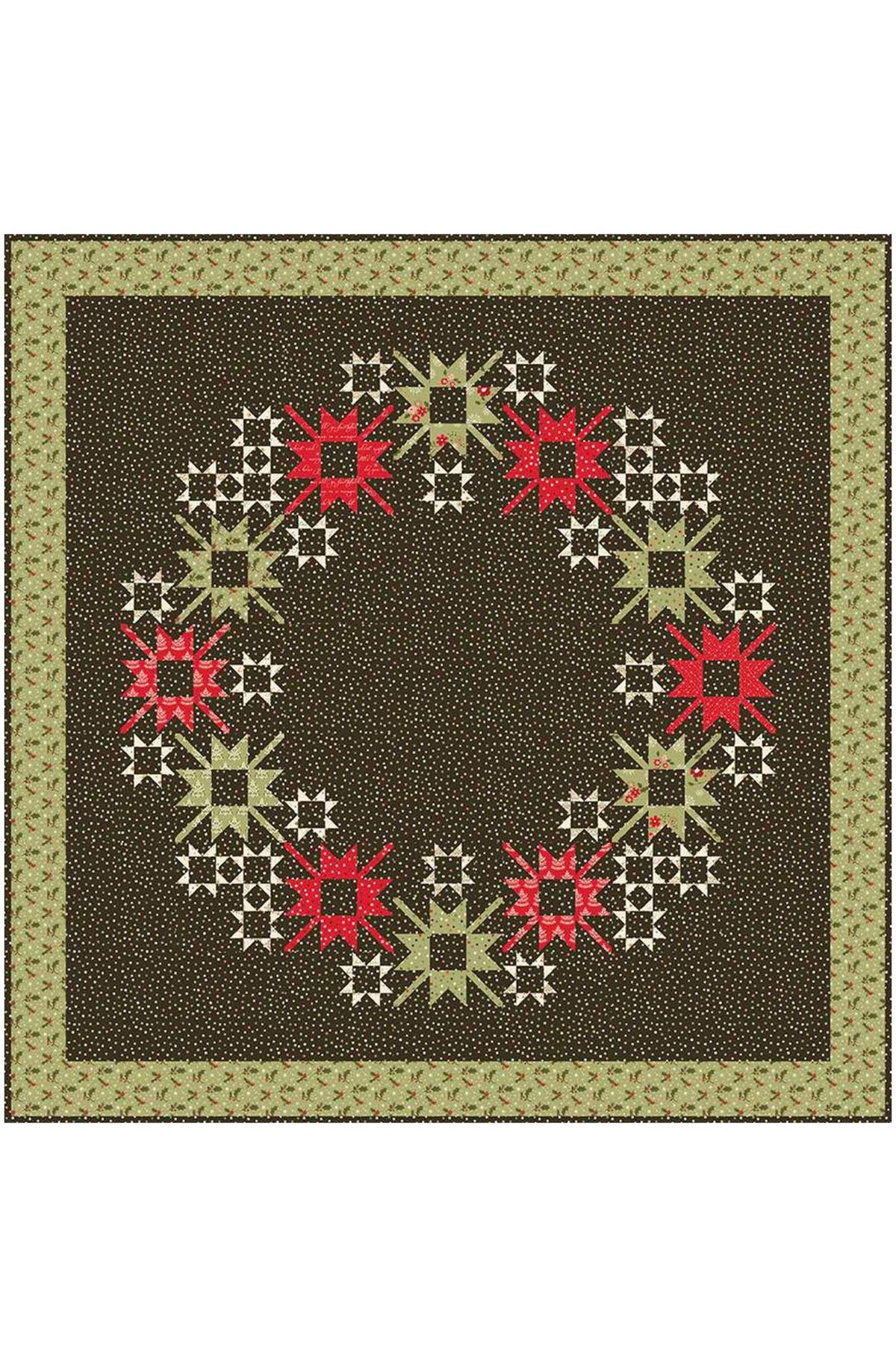 A square quilted rug with a dark brown center, featuring a circular wreath-like pattern of red and cream starburst medallions, surrounded by a patterned olive green border.