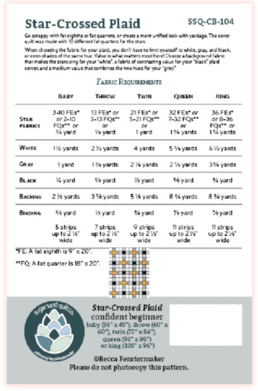 Back of Star-Crossed Plaid Quilt Pattern from Sugar Sand Quilt Co