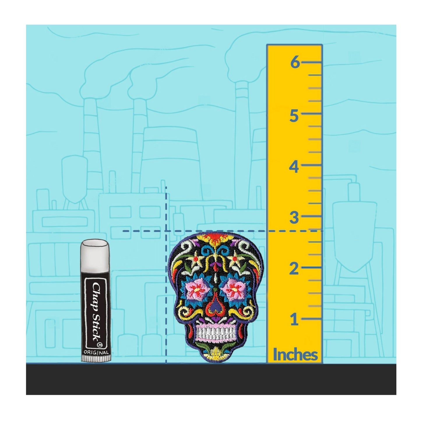 Colorful sugar skull design with a ruler and Clam Stick can on a blue background