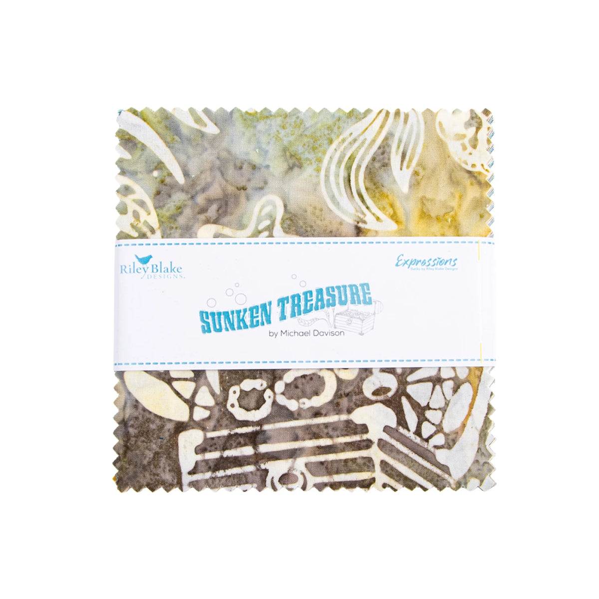 A folded fabric bundle with scalloped edges, wrapped in a white paper band labeled 'Sunkin Treasure' by Michael Donovan and Riley Blake Fabrics. The fabric features a collage-like pattern with abstract textures in beige, brown, gray, and muted green tones.