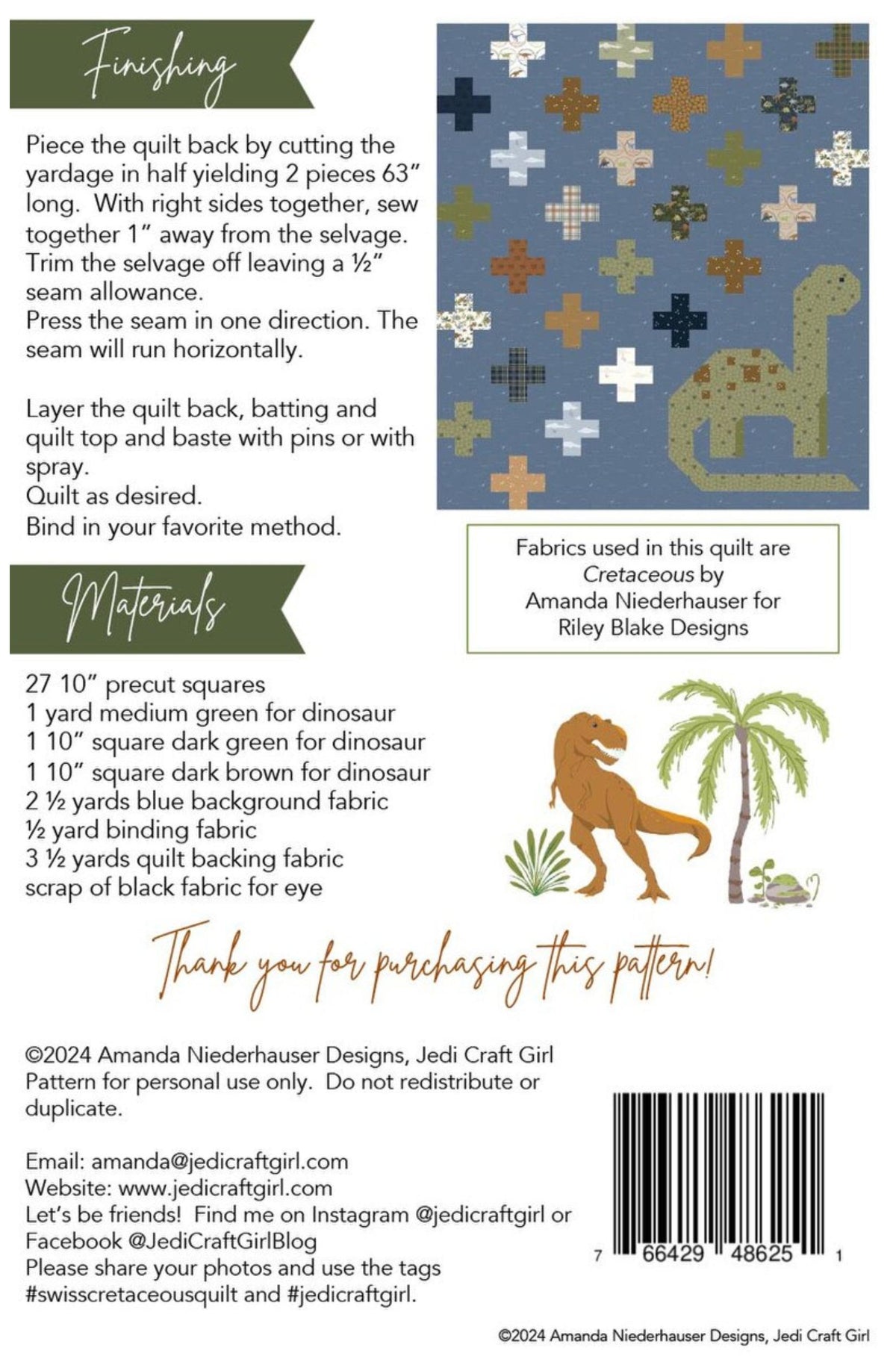 Backing paper for a quilting pattern showing step-by-step finishing instructions, a color palette, a materials list, a finished quilt sample, a sewing illustration, and a barcode with brand contact details.