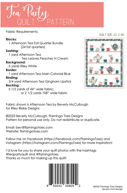 Tea Party Quilt pattern with fabric requirements and design on a white background