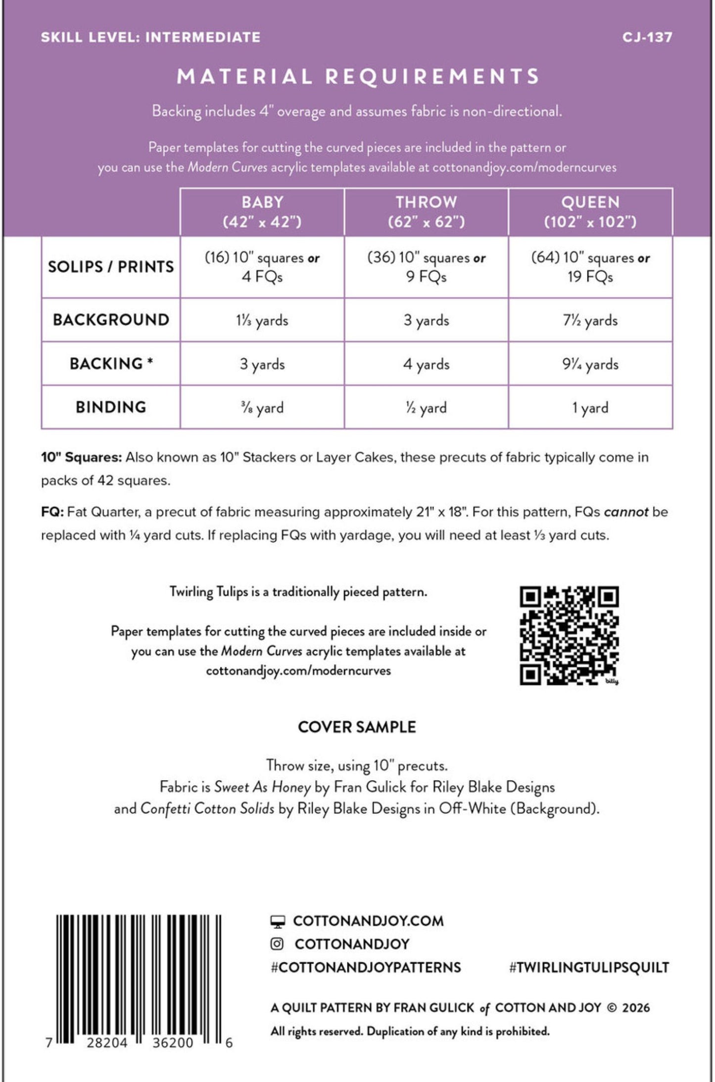 A purple and white fabric pattern sheet titled 'Material Requirements' for a cover sample, showing size tables for baby, throw, and queen sizes, plus a QR code and publisher contact information.