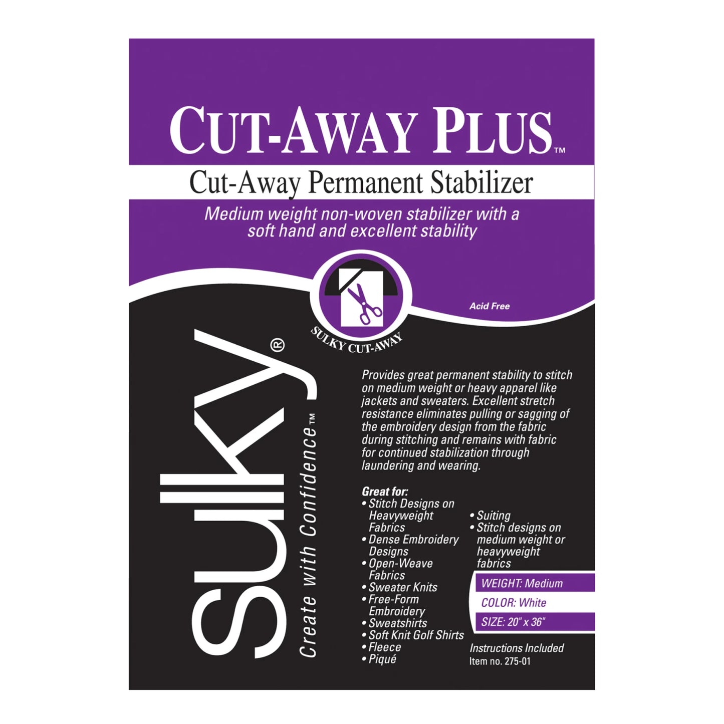 Sulky Cut-Away Plus cut-away permanent stabilizer packaging on a white background