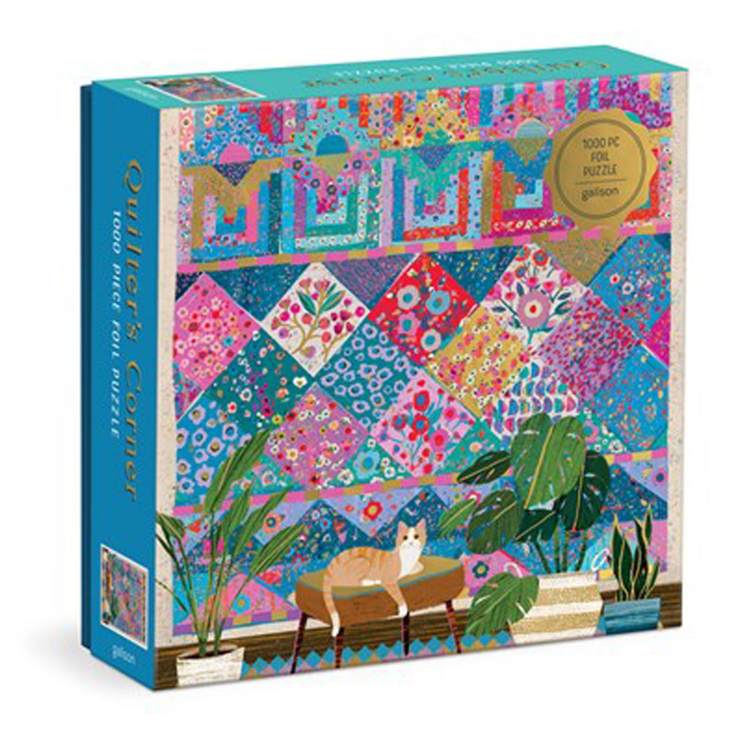 Colorful puzzle box with a cat and plants design on a white background