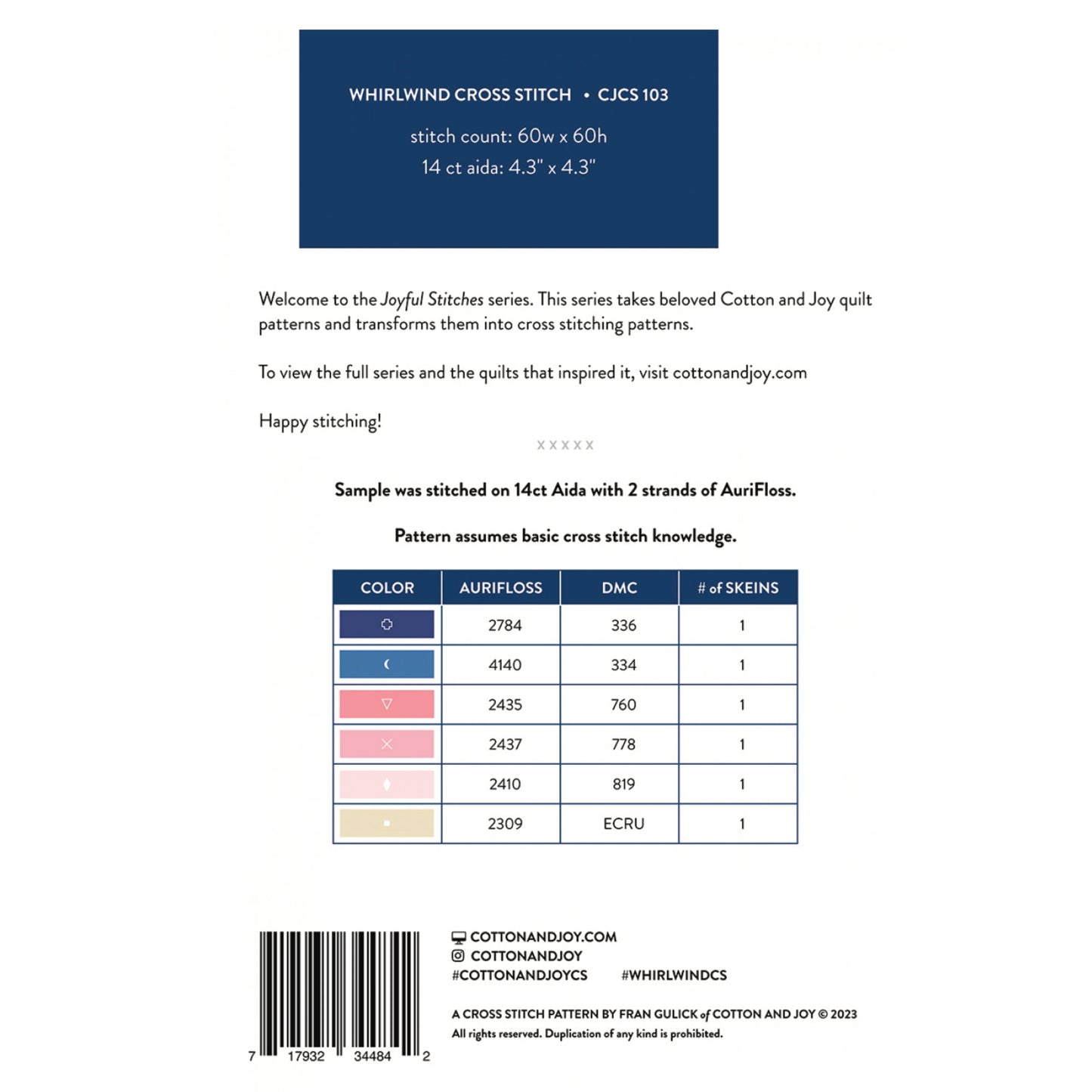 Back of Whirlwind Cross Stitch Patterm