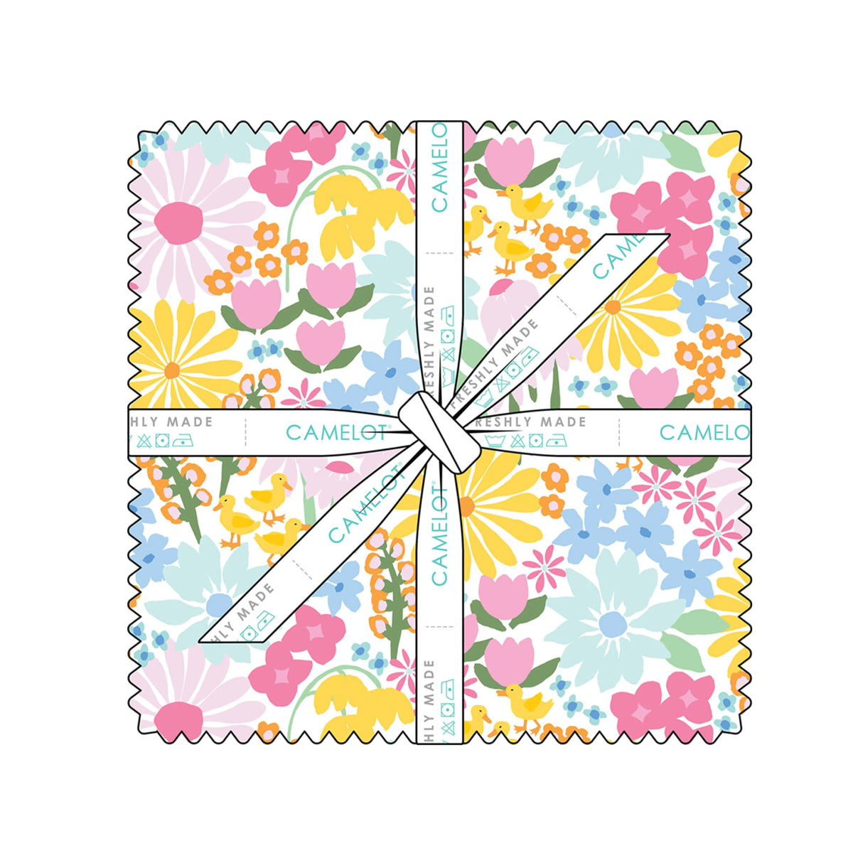 A square fabric sample with scalloped edges, featuring a colorful floral print in pink, yellow, blue, and orange. The fabric is wrapped with a white ribbon printed with the brand name 'CAMELOT' text, set against a plain white background.