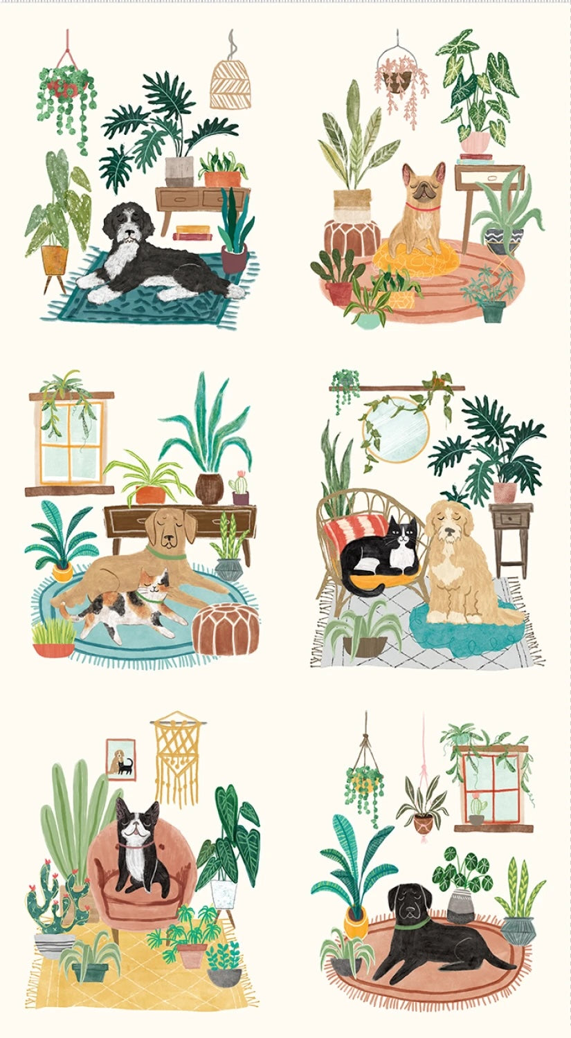 Illustrations of dogs and cats in various home settings with plants
