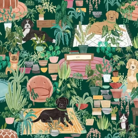 Illustration of a room with dogs and plants on a dark green background
