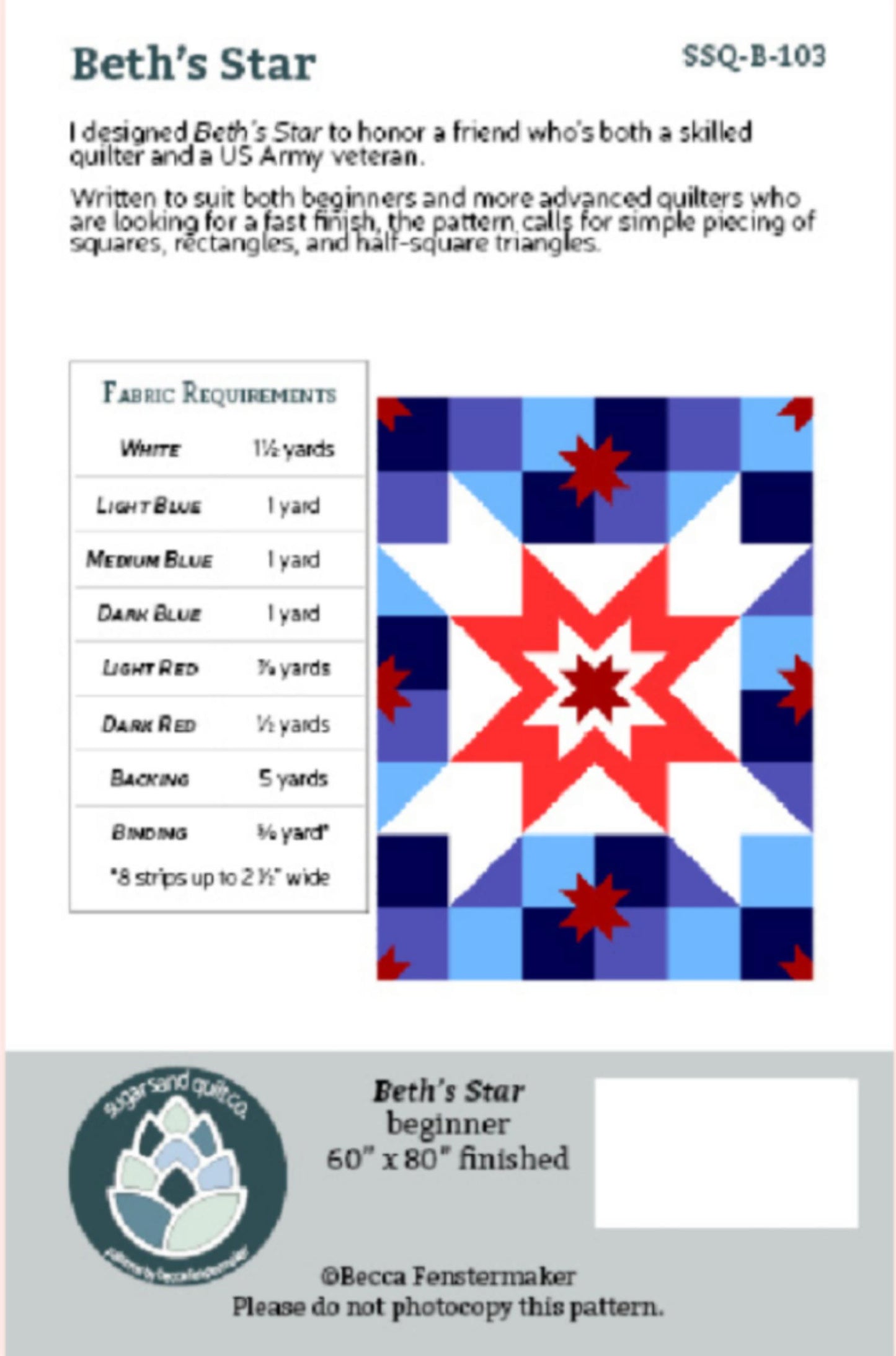 Back of Beth's Star Quilt Pattern from Sugar Sand Quilt Co