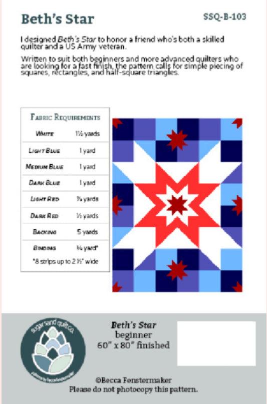 Back of Beth's Star Quilt Pattern from Sugar Sand Quilt Co