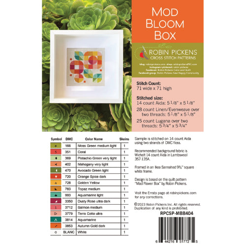 Back of Mod Bloom Box Cross Stitch Pattern