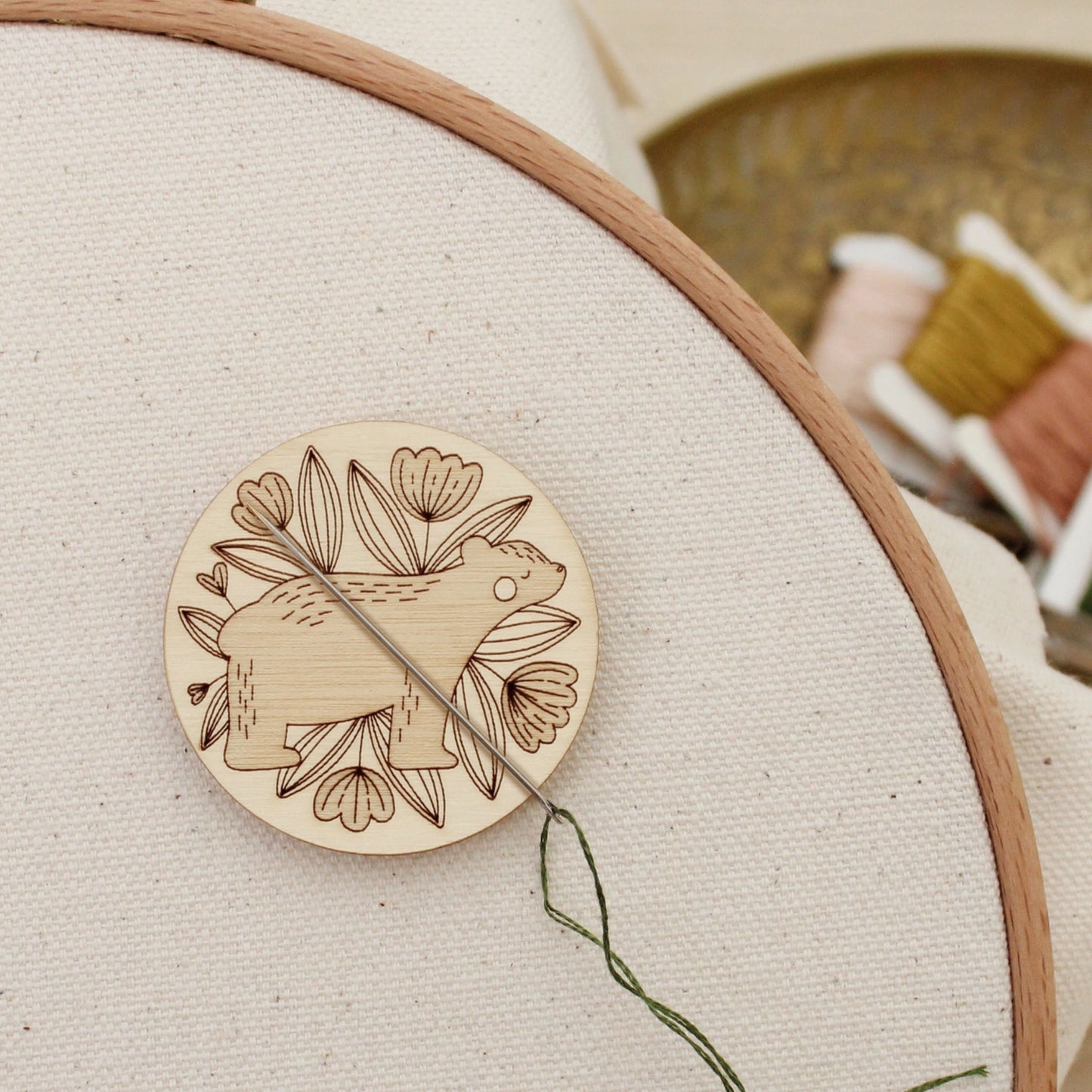 Wooden engraved magnetic needle minder, by oh, little wren