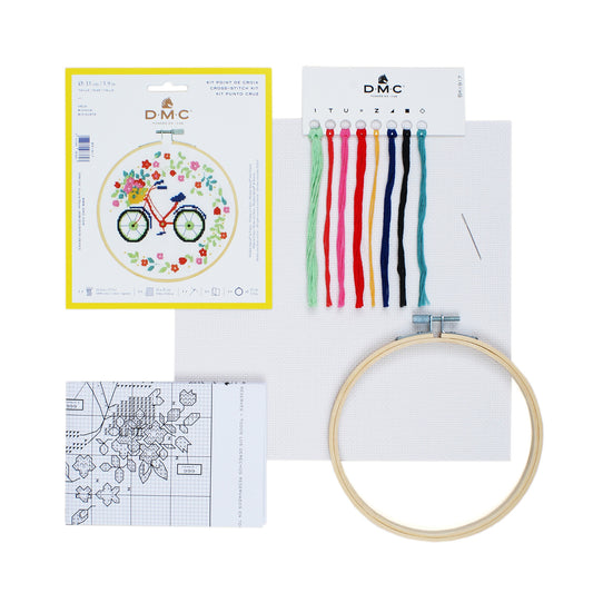 Contents of DMC Bicycle Cross Stitch Kit
