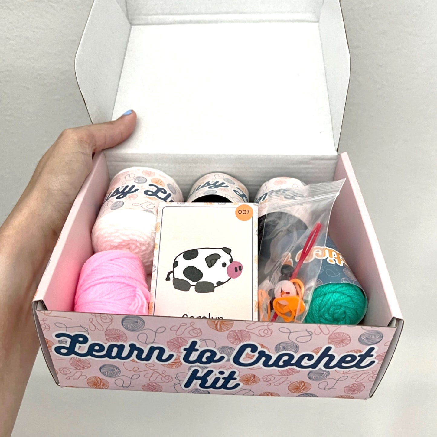 Carolyn the Cow Crochet Kit contents