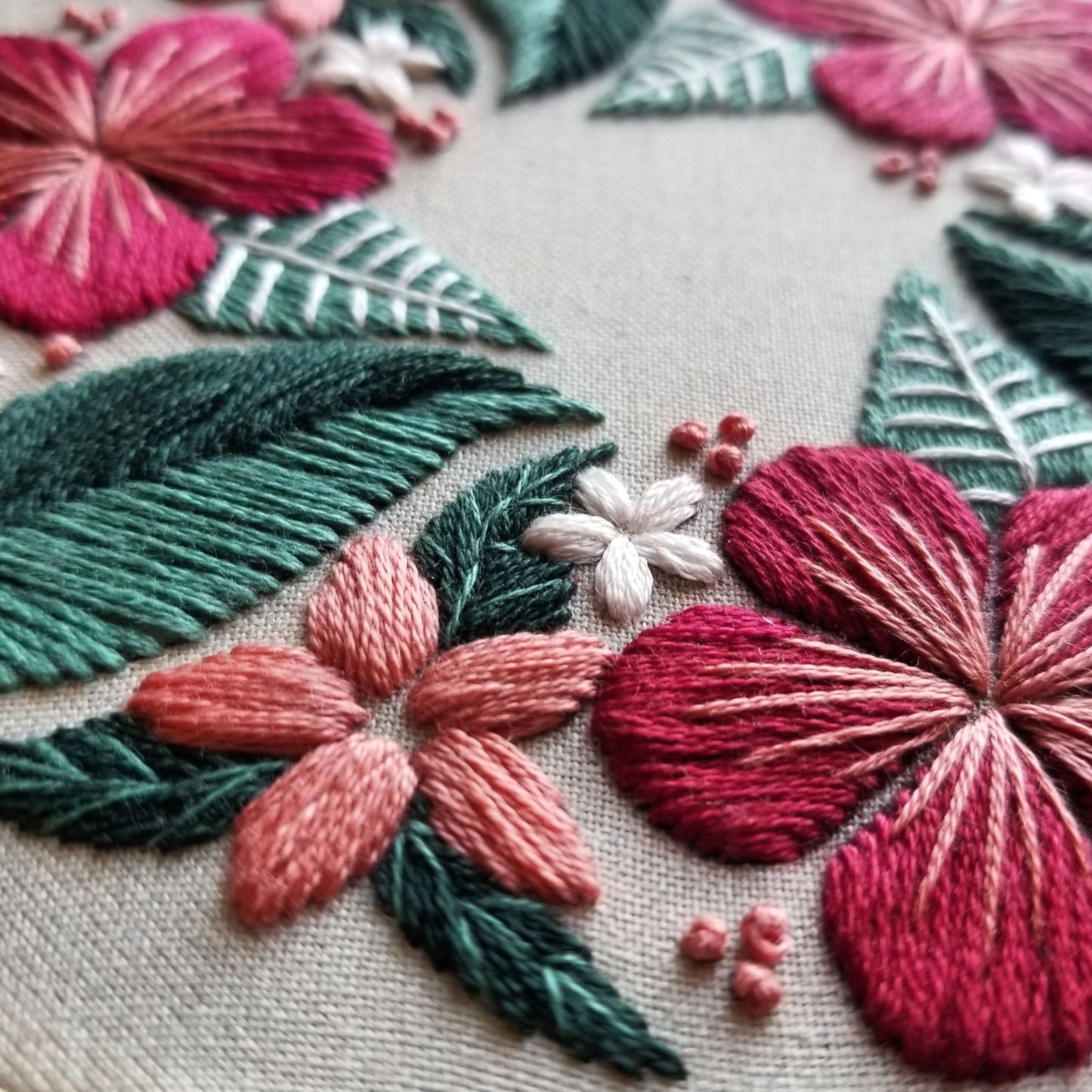 Close up of Floral Flourish finished embroidery project