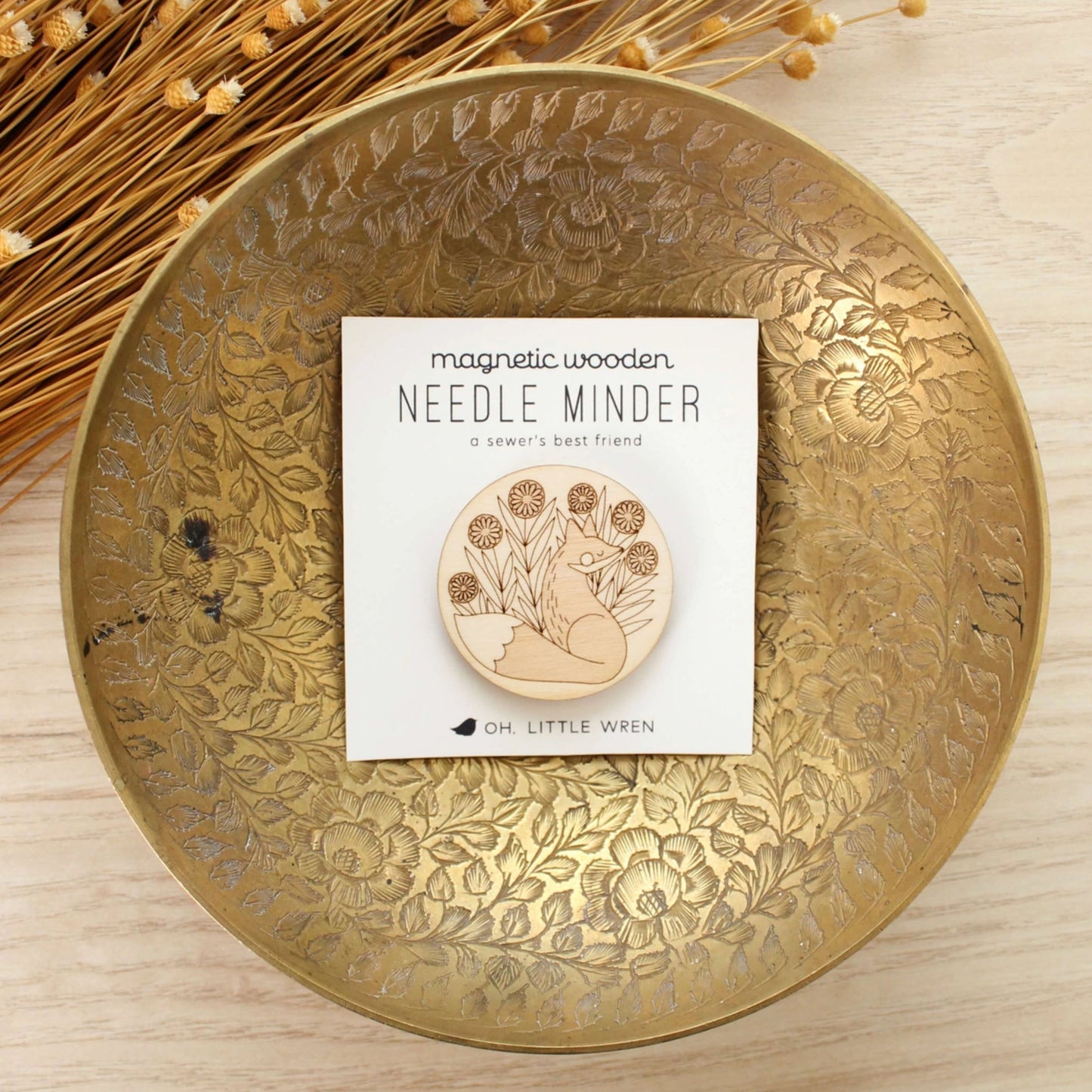 Fox engraved magnetic wooden needle minder by, oh little wren, in packaging