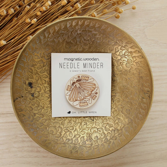 Moth engraved wood magnetic needle minder in packaging, by oh, little wren