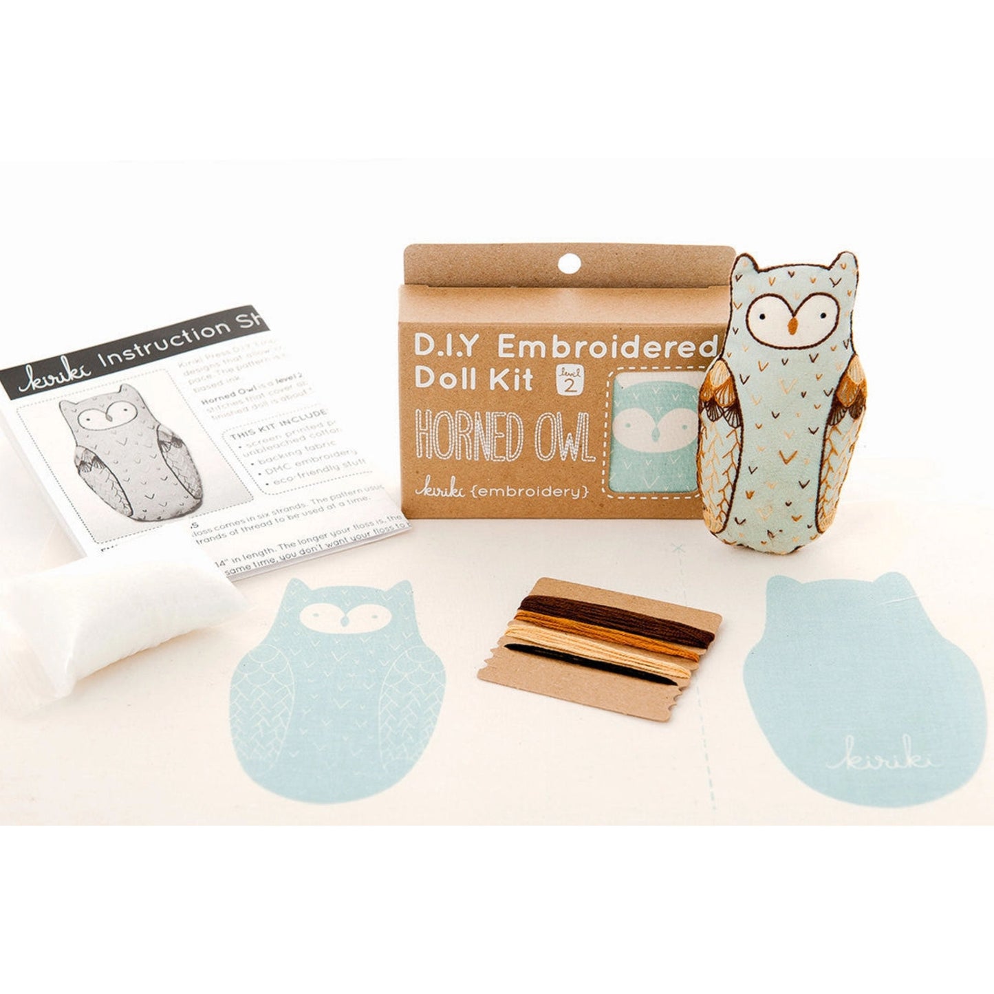 Horned Owl DIY Embroided Doll Kit, package with contents